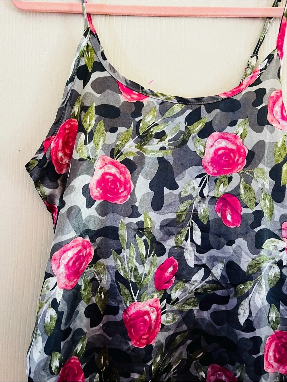 VTG 90s Silky Satin Camouflage Floral Cottagecore Beach Slip Dress Nightgown L - Picture 2 of 5
